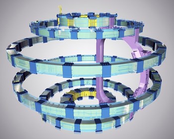 Ceinturant la chambre à vide du tokamak, six bobines en forme d'anneau (~ 8 à ~ 24 mètres de diamètre) créent la composante poloïdale du puissant champ magnétique qui confine le plasma. (Click to view larger version...)
